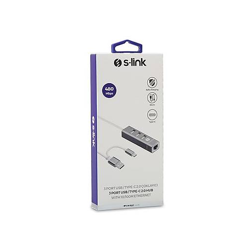S-Link SW-U222 USB 2.0 Type C USB to RJ45 10/100 3 Port USB 2.0 Hub USB Ethernet A� Adapt�r