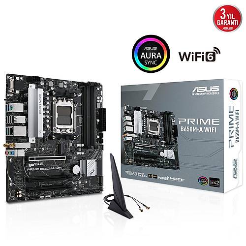 Asus PRIME B650M-A WIFI Sc-Am5 B650 DDR5 6400Mhz 2xM2 Wi-Fi 2.5Gbit Aura RGB mATX AMD Anakart