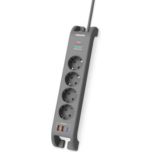 Philips SPN4140GA/62 2 Mt 4 Soket 2400 Joules 1 Port USB Type C PD 20W 2 Port USB 18W Gri Ak�m Korumal� Priz