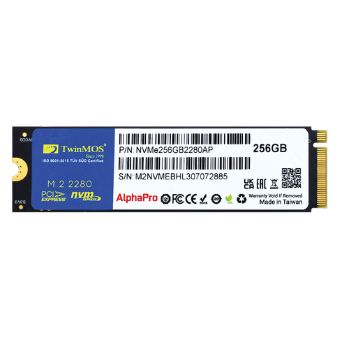 Twinmos NVME256GB2280AP 256 GB 3600-3250Mb/s M.2 PCIe Gen3 NVMe 22x80 3DNAND SSD Harddisk