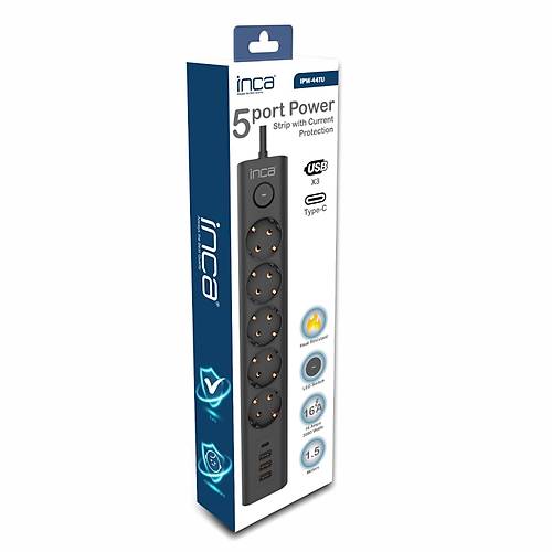 Inca IPW-44TU 1.5 Mt Kablolu 5 li 3x USB 1x Type C Portlu Ak�m Korumal� Siyah Priz