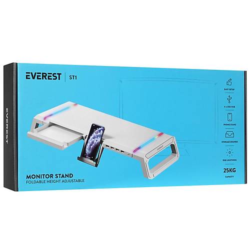 Everest ST1 4 USB Hub RGB I��kl� Katlanabilir Y�kseklik Ayarl� Beyaz Monit�r Stand�