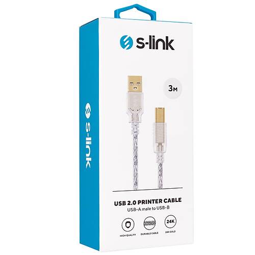 S-Link SLX-328 3 Mt USB 2.0 to USB 2.0 B Erkek-Erkek Alt�n U�lu Yaz�c� Kablosu