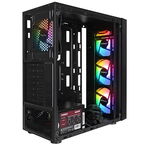 Everest FACED V5 MESH 600W Temperli Caml 4x12cm Sabit Rainbow Fanl ATX Mid-T Gaming Oyuncu Kasas