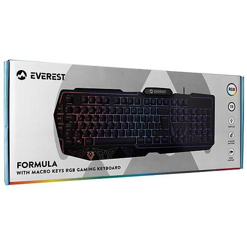 Everest KB-GX61 FORMULA USB Q TR RGB Ayd�nlatmal� 3 Makro Tu�lu Bilek Destekli Kablolu Klavye