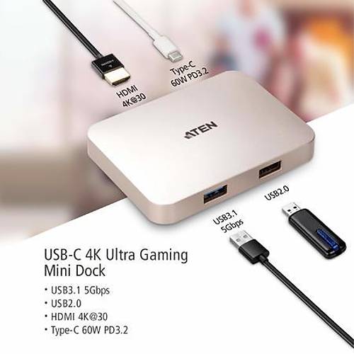 Aten UH3235 USB 3.1 Type C Gen 1 USB 2.0 to HDMI 4K Ultra Mini Dock with Power Pass-through