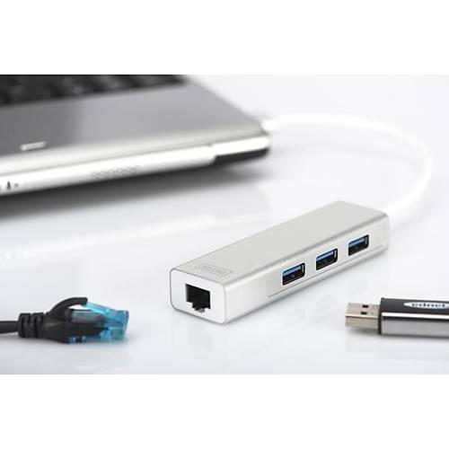Digitus DA-70250-1 USB 3.0 to RJ45 Gigabit 3 Port USB 3.0 Beyaz USB Harici Ethernet Kart�