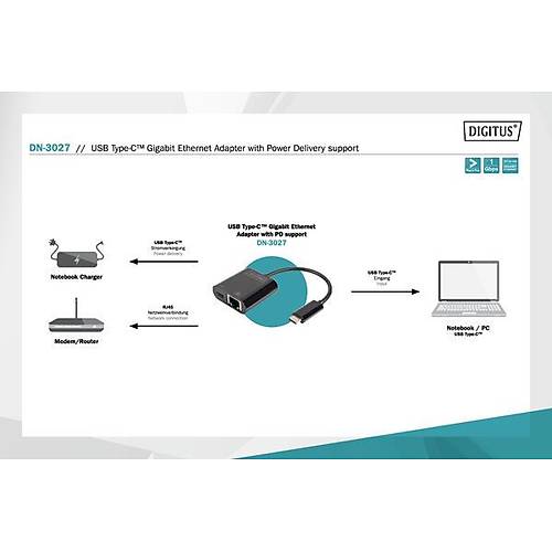 Digitus DN-3027 USB Type C to RJ45 Gigabit 1 Port PD USB Ethernet Adaptr
